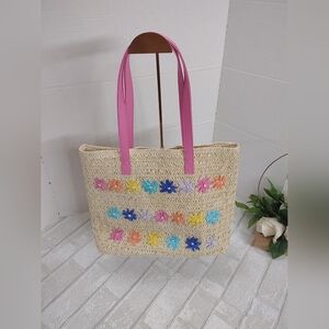 Floral Straw Tote with Pink Handles